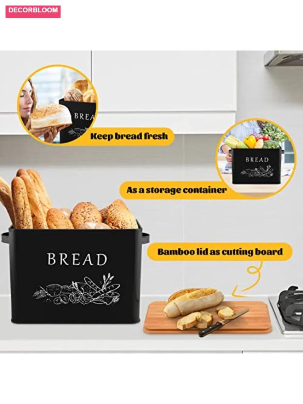 E-far Bread Box Metal Storage Container with Bamboo Lid